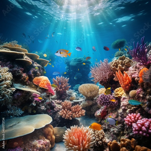 A lush underwater coral reef with colorful marine life and clear blue waters