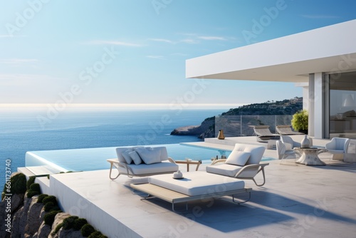 A modern coastal home with a minimalist design, on a cliff overlooking the sea, outdoor lounge and expansive terraces for enjoying the coastal vistas, ideal for background image © Gbor