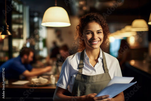 Generative AI illustration of delighted waitress in apron standing with menus in hand restaurant and looking at camera in blurred background photo