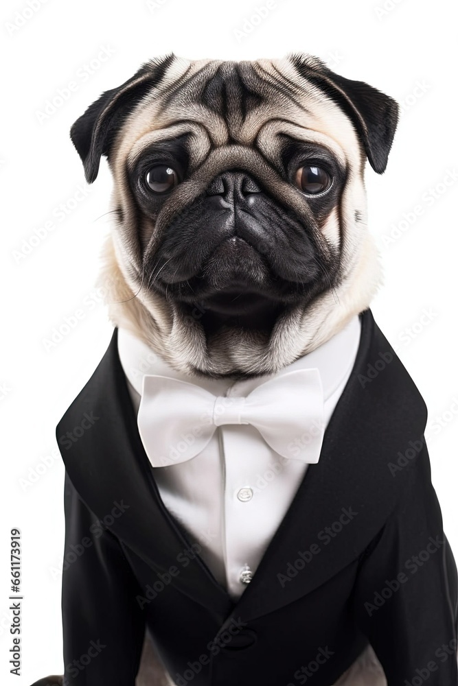 Pug Dog In Black Suit on white background Pug Dog In Black Suit on white background