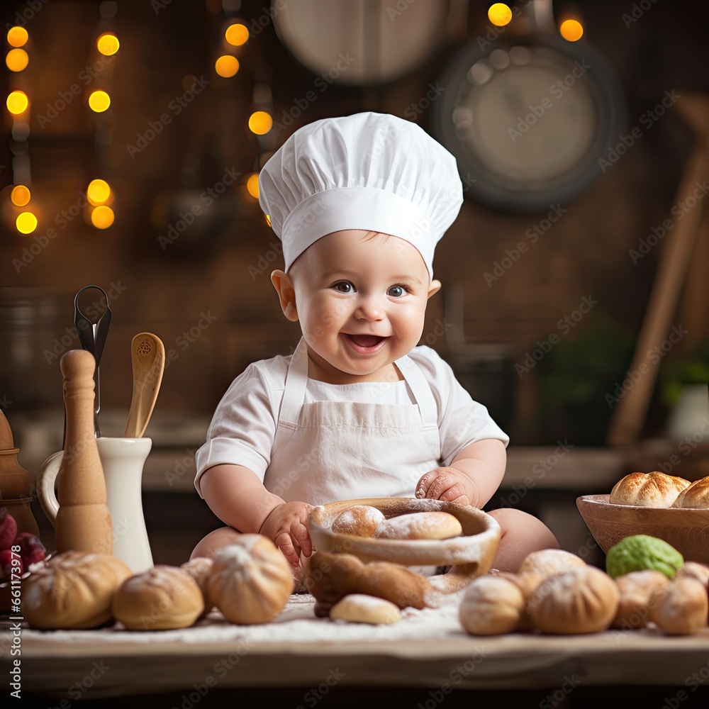 A smiling little child is shown baking. A smiling little child is shown baking.