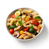 bowl of pasta with mix vegetables on white background, AI Generative.