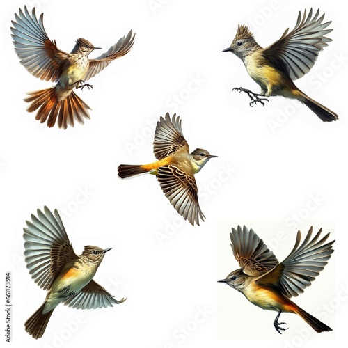 A set of Great Crested Flycatchers flying isolated on a white background photo