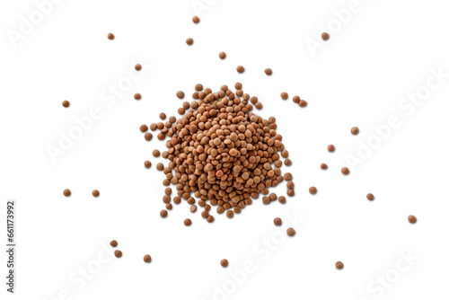 Closeup of a pile of organic uncooked lentils with shadow isolated on a transparent background from above, top view photo