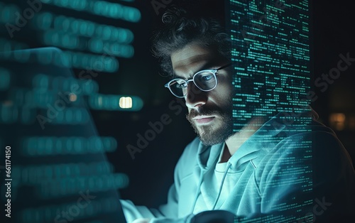 Programmer or person in glasses reading a script, programming or cyber security research