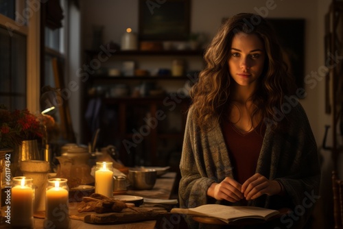 A woman unwinds in a dimly lit room adorned with flickering candles  creating a soothing and contemplative indoor winter atmosphere