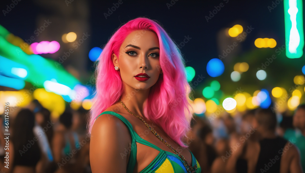 Young lady with pink neon hair enjoying a lively street party at night with beautiful bokeh background. Fun, nightlife, celebration concept..