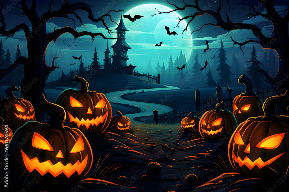 A Halloween vector background with a pumpkin patch bathed in the glow of jack-o'. Generative Ai. NO.02