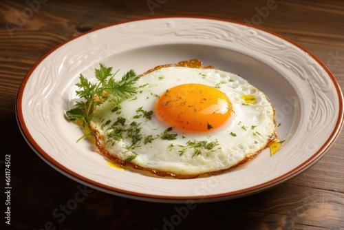 A sunny-side-up egg garnished with herbs and parsley, served on a white plate with a red rim.