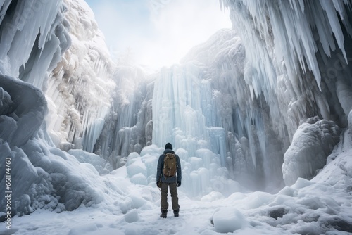 An intrepid explorer stands before a frozen waterfall, marveling at the intricate ice formations, surrounded by a pristine winter landscape