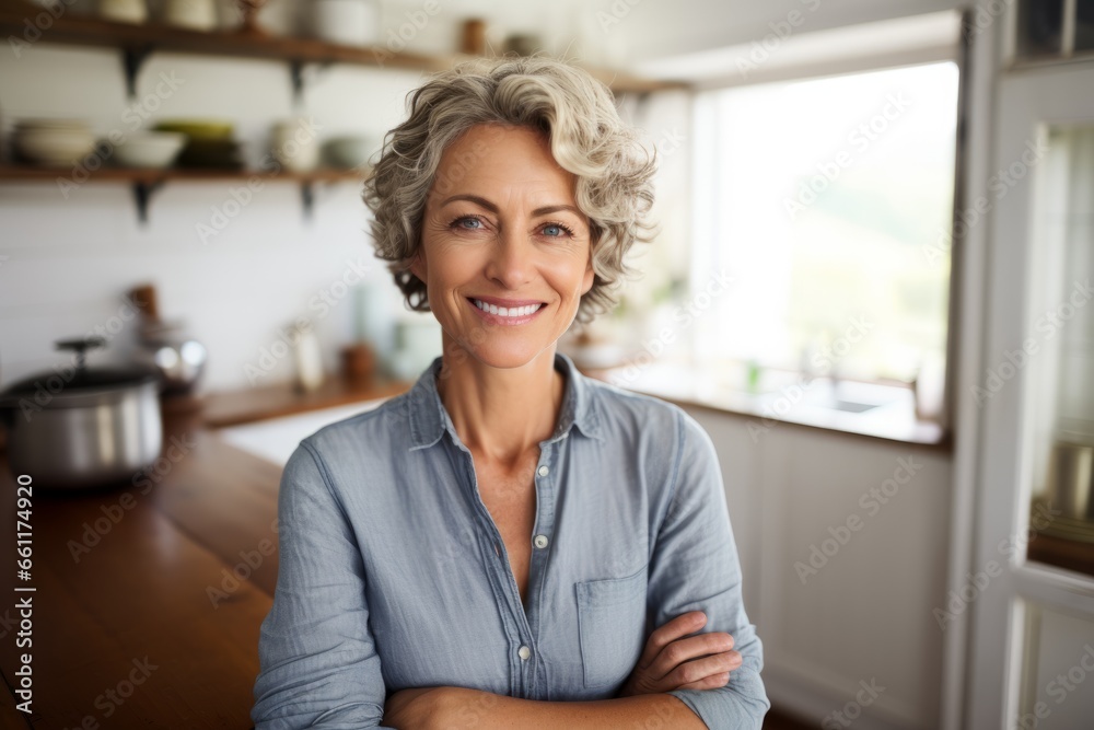 Smiling middle aged woman in her domestic kitchen at home Smiling middle aged woman in her domestic kitchen at home