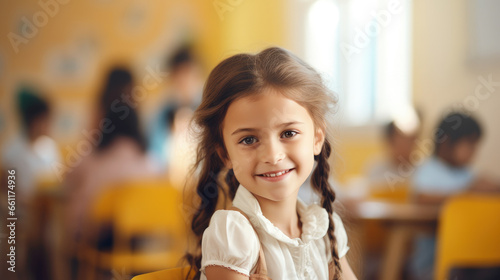 A primary school girl smiles brightly in her classroom, radiating happiness.
