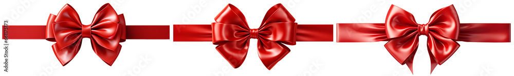 Decorative red ribbon and bow isolated on transparent background. Holiday decoration