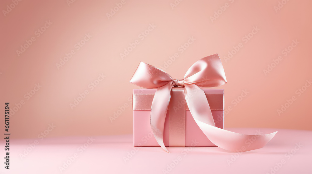 A pink gift box with a ribbon sits on a pale pink background, creating a romantic ambiance, perfect for birthday, anniversary, or gift card use. A pink gift box with a ribbon sits on a pale pink background, creating a romantic ambiance, perfect for birthday, anniversary, or gift card use.