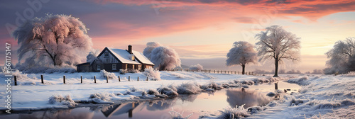  winter wonder land - wonderful snowy landscape with a house and a river at sundown