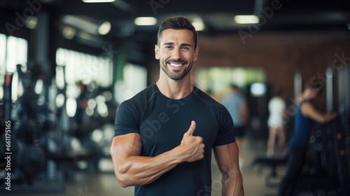 A fitness coach, in a gym setting, enthusiastically holds both thumbs up, exuding positivity and motivation, with a blurred gym background. © B & G Media