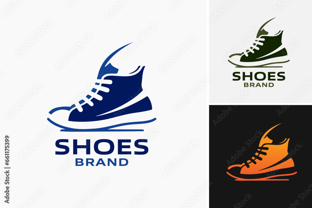 The "blue shoe logo with a white shoe on top" is a versatile design asset suitable for shoe brands or businesses looking for a unique and eye-catching logo design. - obrazy, fototapety, plakaty 