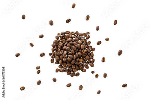 Closeup of a pile of organic whole roasted coffee beans without shadow isolated on a transparent background from above, top view