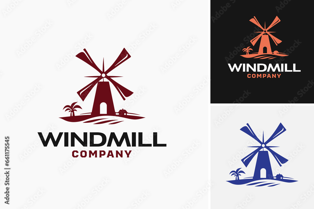 The "wind mill company logo" is a design asset suitable for a company in the renewable energy industry that specializes in wind turbines. - obrazy, fototapety, plakaty 