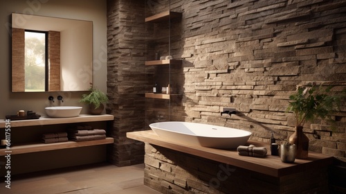 A spa-inspired bathroom with stone textures and soothing earthy tones.