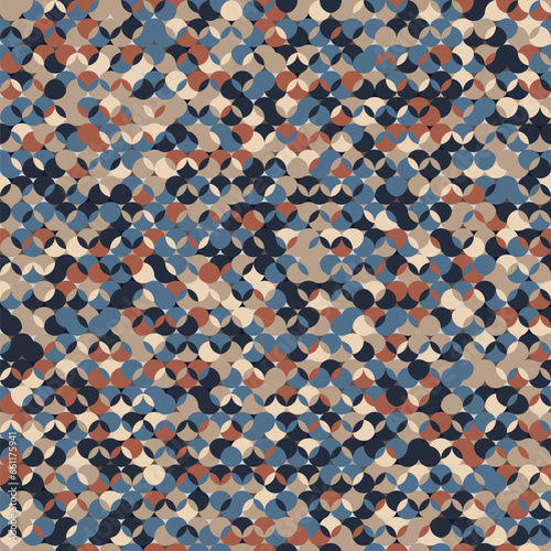 Seamless abstract geometric pattern with small overlapping circles. Modern design multicolored dotted texture. Vector image.