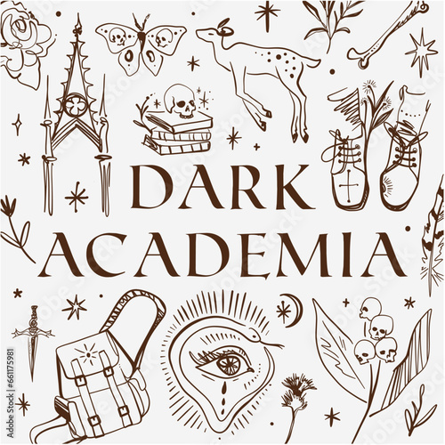 Dark Academia Line Art Illustrations Set Collection School Elements Gothic Mystic Novel
