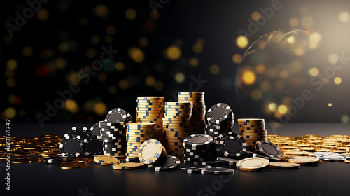 Casino game poker card playing gambling chips black and gold style banner backdrop background Concept. 3d rendering