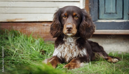Boykin Spaniel lies on the grass on the doorstep of the country house photo