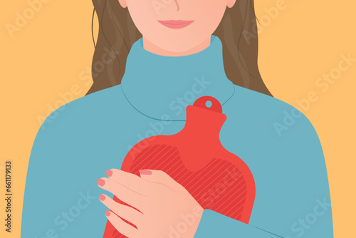 young woman in a winter sweater warming with hot water bottle  -vector illustration