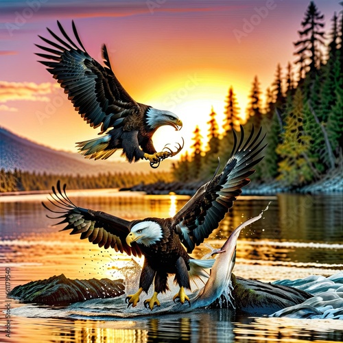 Eagles fighting over a fish photo