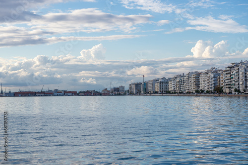 Aegean sea coast in Thessaloniki city, Greece photo