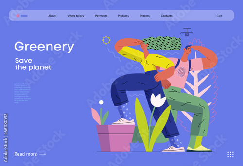 Greenery, ecology -modern flat vector concept illustration of observing people surrounded by plants. Metaphor of environmental sustainability and protection, closeness to nature