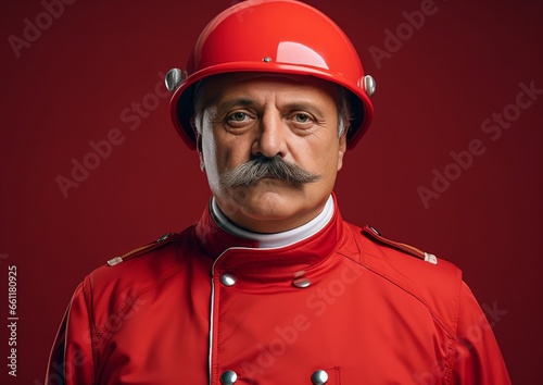 A man in a red uniform with a moustache photo