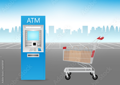 ATM- Automated Teller Machine with Shopping Cart in Parking Lot at Shopping Mall. Vector Illustration.  