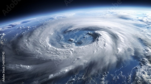 A swirling hurricane viewed from above.