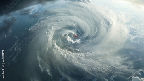 A swirling hurricane viewed from above.