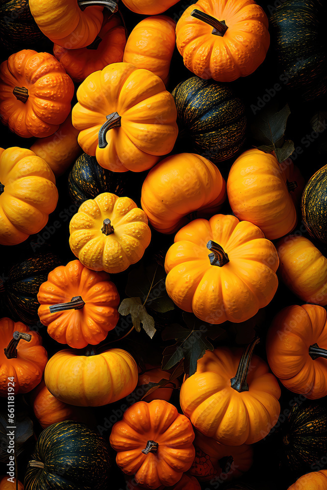 Backgrounds and textures: many colorful pumpkins, seasonal autumn decorative background. Generative AI