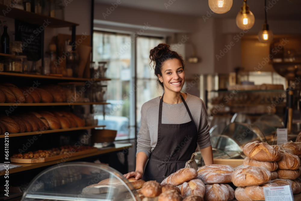 Happy small pastry shop owner, smiling proudly at her store. Cheerful female baker working at her shop