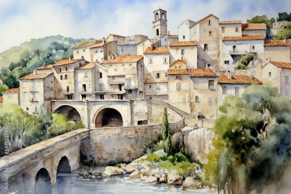 Watercolor depiction of Mon's old town in Var, Provence, France. Generative AI