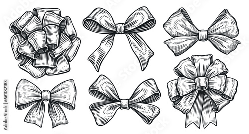 Bow sketch. Collection of decorative holiday ribbons for birthday, wedding or Christmas celebration. Vector illustration