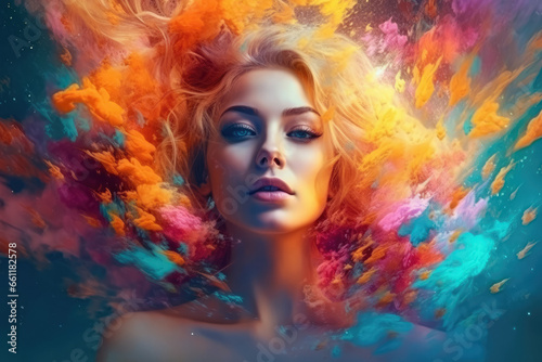 The photo reveals the face of a model emerging from colorful dust, creating a stunning and artistic visual effect. Generative Ai, Ai.
