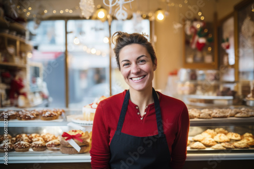 Happy small pastry shop owner, smiling proudly at her store. Cheerful female baker working at her shop  © Jasmina