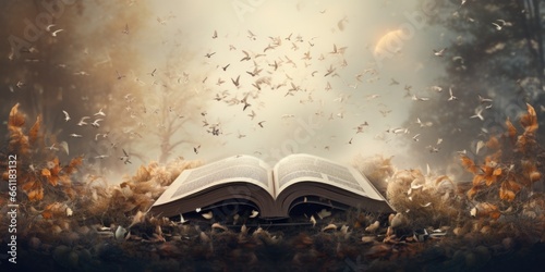 An open book is lying on the ground surrounded by trees, AI