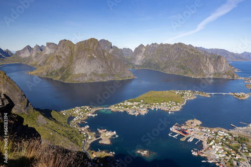 Hike to Reinebringen (via Sherpa steps) with a particularly great view of the Reine community and the Lofoten mountains. Lofoten, Nordland county, Norway