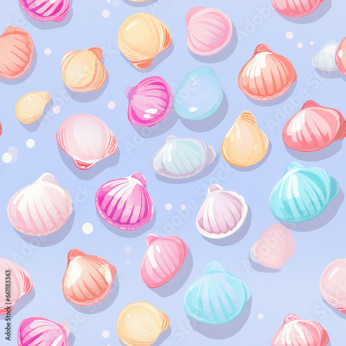 Sea shells, fossils and mollusks repeat pattern. Summer beach cartoon background