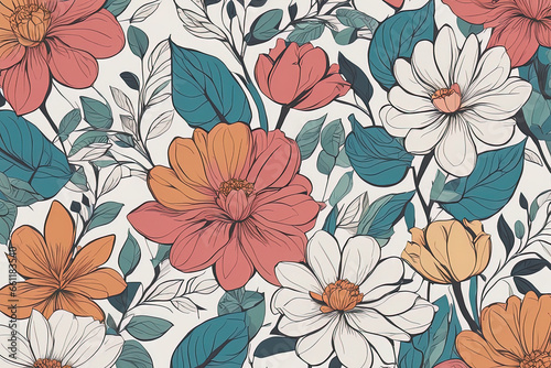 floral background with colorful flowers, seamless pattern floral background with colorful flowers, seamless pattern seamless pattern with hand drawn flowers and leaves