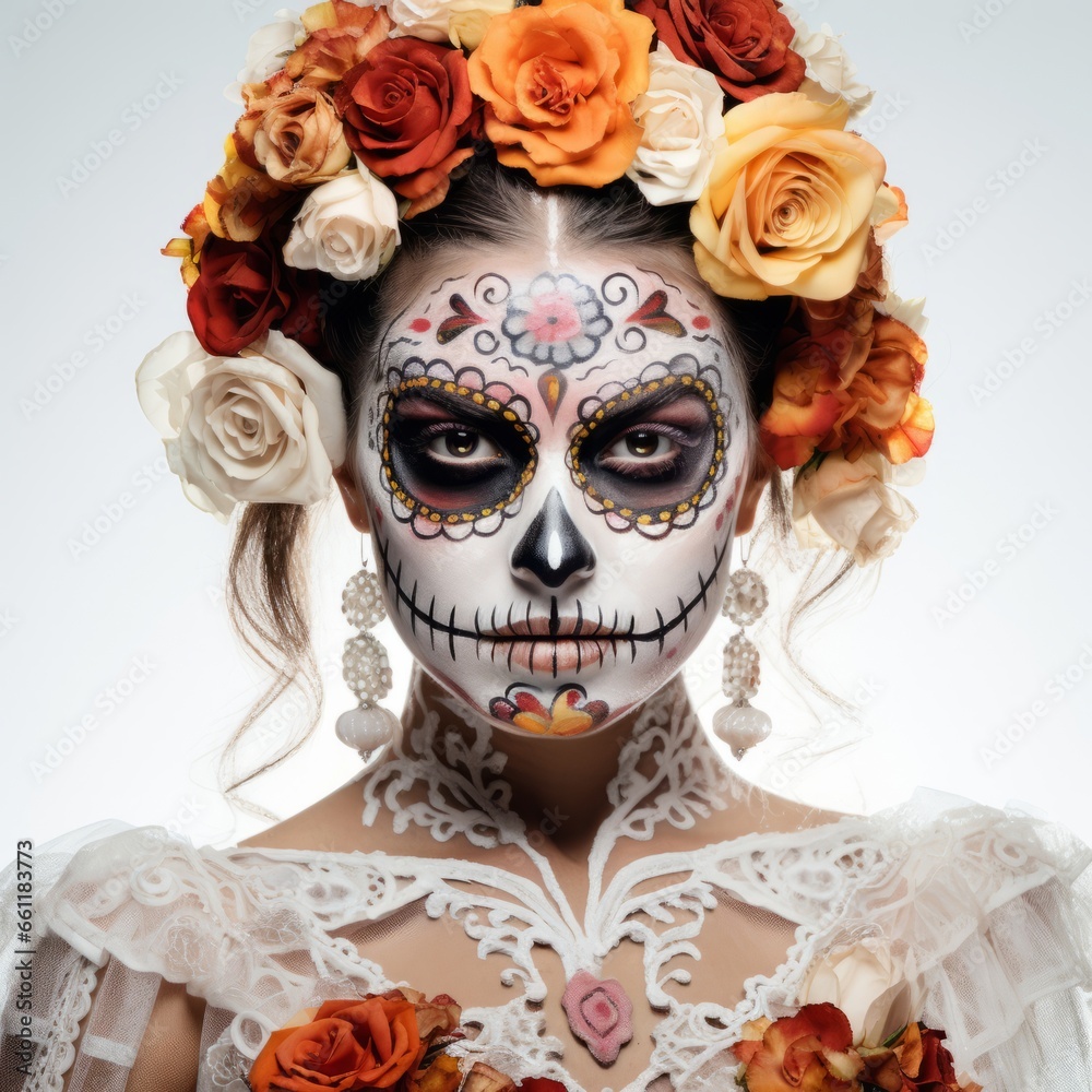A woman with a skeleton make up and flowers in her hair