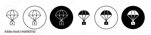 Parachute with first aid kit sign icon set. Disaster emergency relief goods vector symbol in black filled and outlined style. photo
