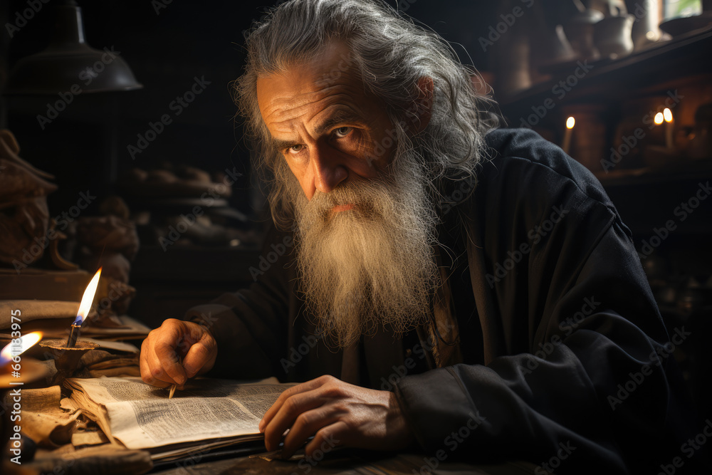A portrait of a Jewish scholar engrossed in the study of ancient texts, embodying a deep connection to tradition. Generative Ai. A portrait of a Jewish scholar engrossed in the study of ancient texts, embodying a deep connection to tradition. Generative Ai.