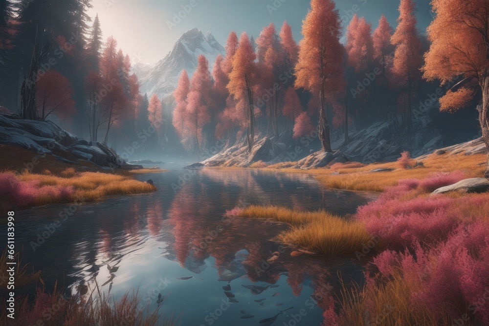 beautiful autumn forest with a lake in the mountains beautiful autumn forest with a lake in the mountains 3d illustration of a beautiful landscape of a lake with a beautiful landscape